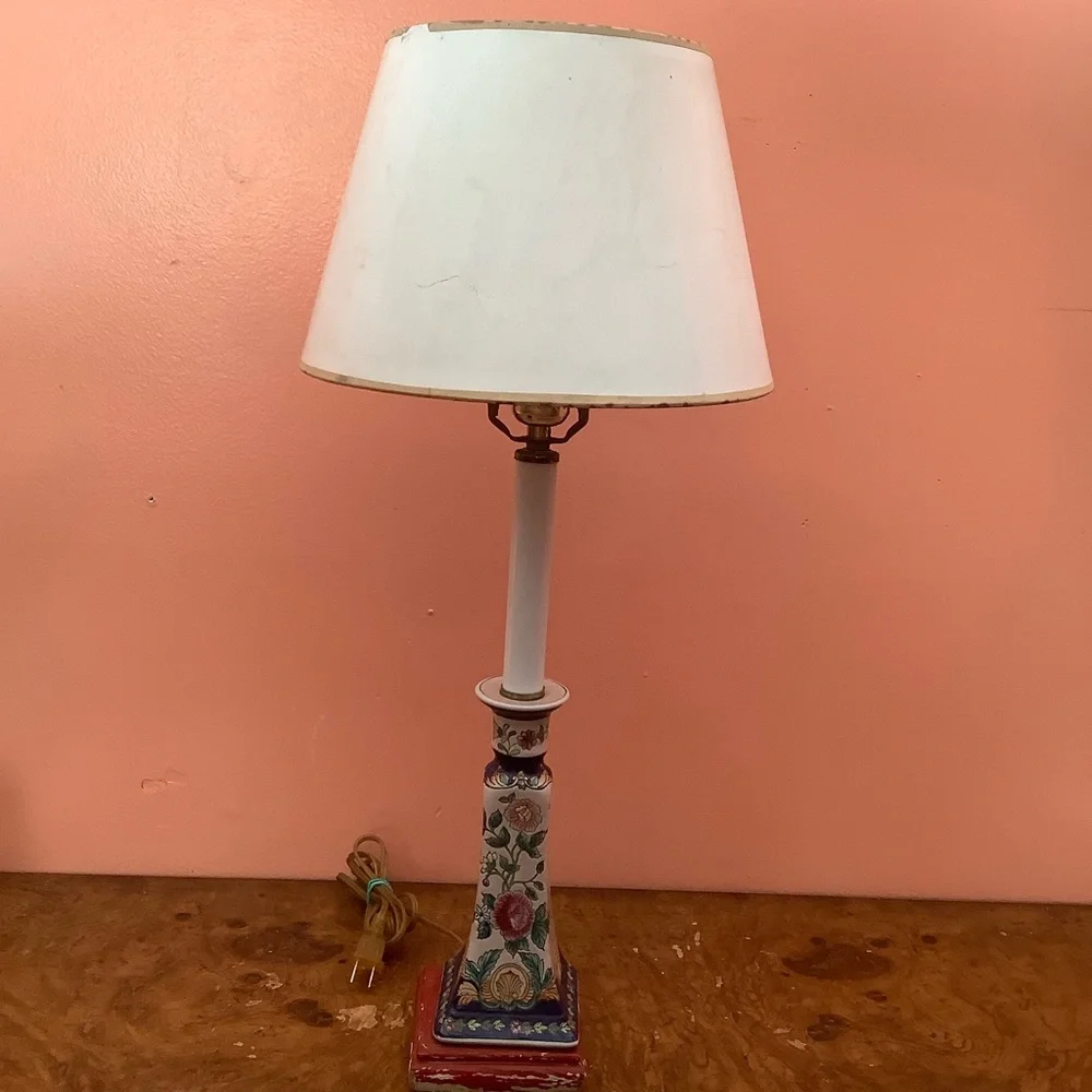 24” Table Lamp Floral Ceramic Wood Base Plain Paper Shade For Restoration